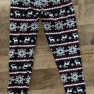 Festive Snowflake and Reindeer Leggings - Black, White, Red